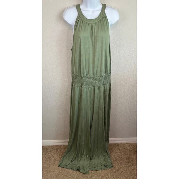 New Lascana Jumpsuit Women's 14 Green Wide Leg Relaxed Smocked Waist Tie Back - Picture 2 of 8
